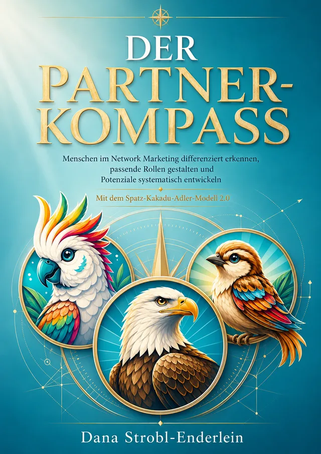 Buchcover: Der PARTNER-Kompass von Dana Strobl-Enderlein — mit Illustrationen von Spatz, Kakadu und Adler. Klicken zum Vergrößern.